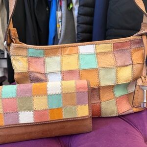 Patchwork Fossil Leather Shoulder Bag and Wallet Set